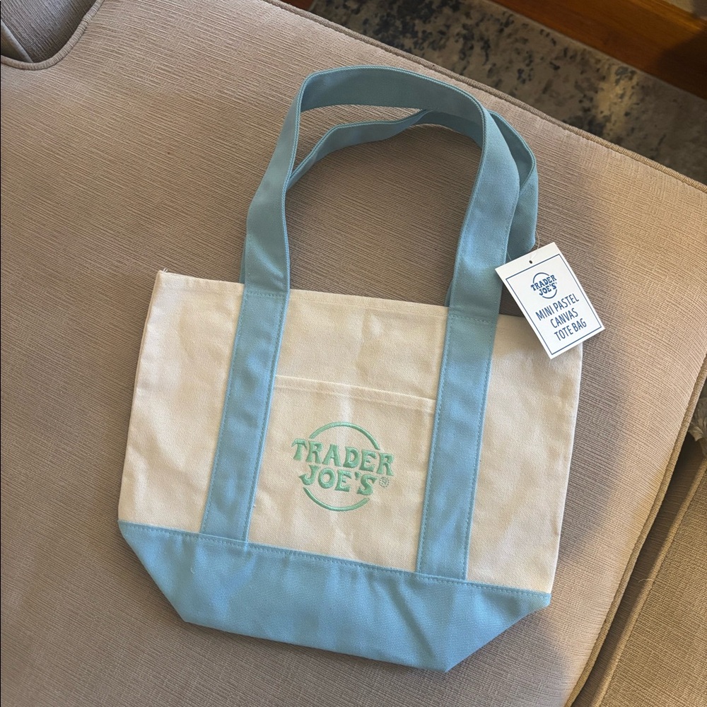 Trader Joe’s mini tote bag. Light blue